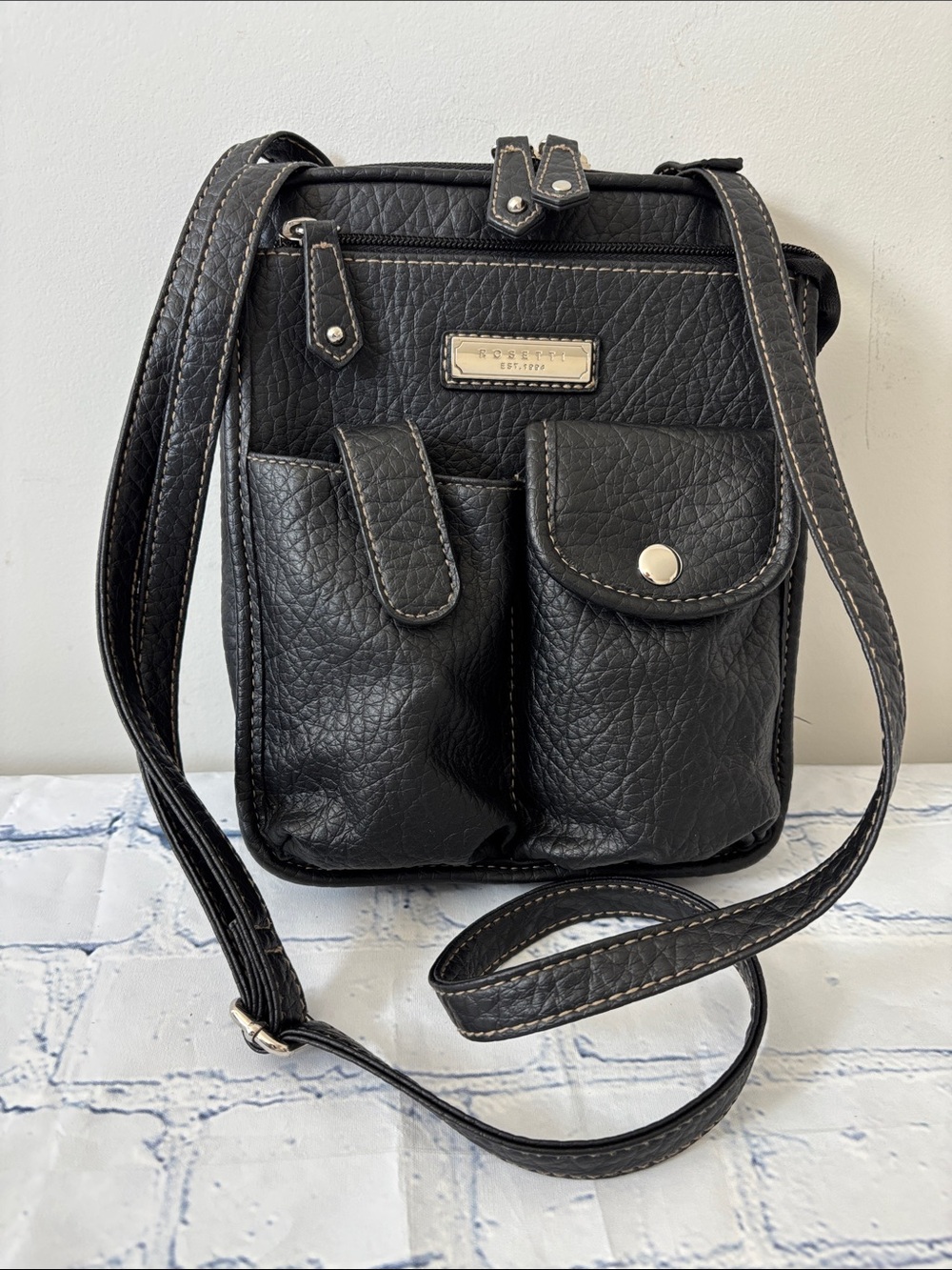Rosetti Black Faux Leather Crossbody Organizer Bag Purse Pockets Built In Wallet